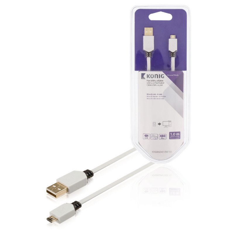 Kabel USB 2.0 USB A Zástrčka - Micro B Zástrčka Plochý 1.00 m Bílá - obrázek produktu