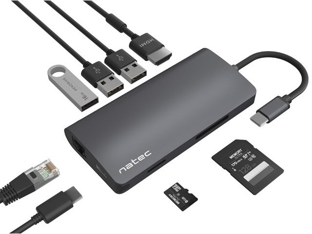 Natec multiport adaptér FOWLER 2 USB-C PD, 3X USB 3.0, HDMI 4K, RJ45, USB-C, SD, MICRO SD - obrázek č. 3