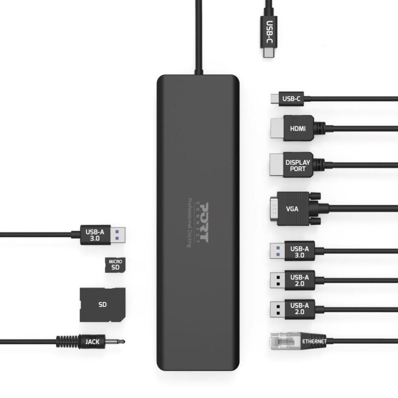 PORT CONNECT Dokovací stanice 11v1, 1x4K, RJ45,HDMI,Display Port,VGA,USB-C 100W, 4xUSB-A,micro/ SD - obrázek č. 3