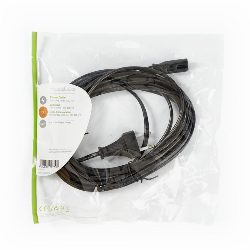 Napájecí kabel | Euro Male | IEC-320-C7 | Přímý | Přímý | Poniklované | 5.00 m | Plochý | PVC | Černá | Obálka - obrázek č. 2