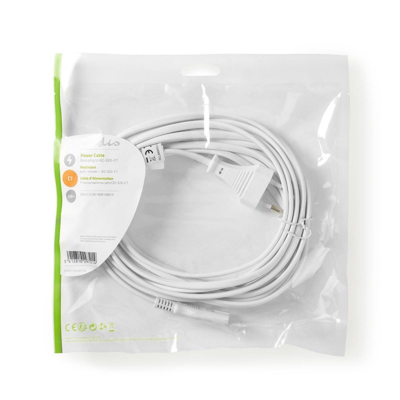 Napájecí kabel | Euro Male | IEC-320-C7 | Přímý | Přímý | Poniklované | 5.00 m | Plochý | PVC | Bílá | Plastový Sáček - obrázek č. 3