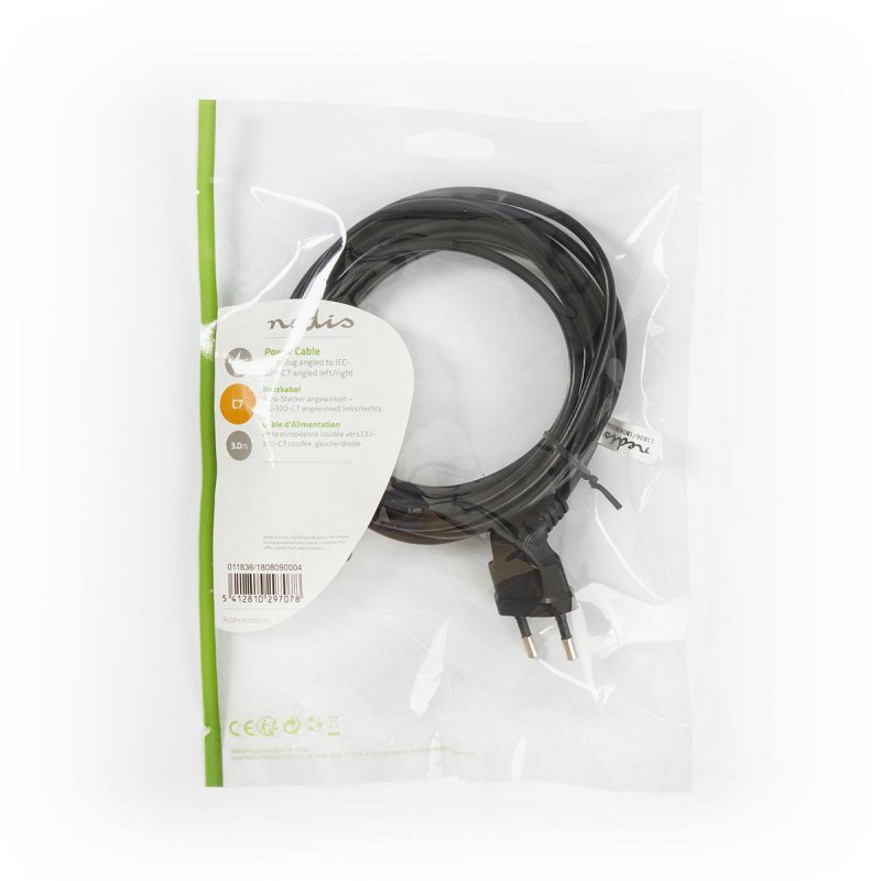 Napájecí kabel | Euro Male | IEC-320-C7 | Úhlový | Úhlový Levý | Poniklované | 3.00 m | Plochý | PVC | Černá | Obálka - obrázek č. 2