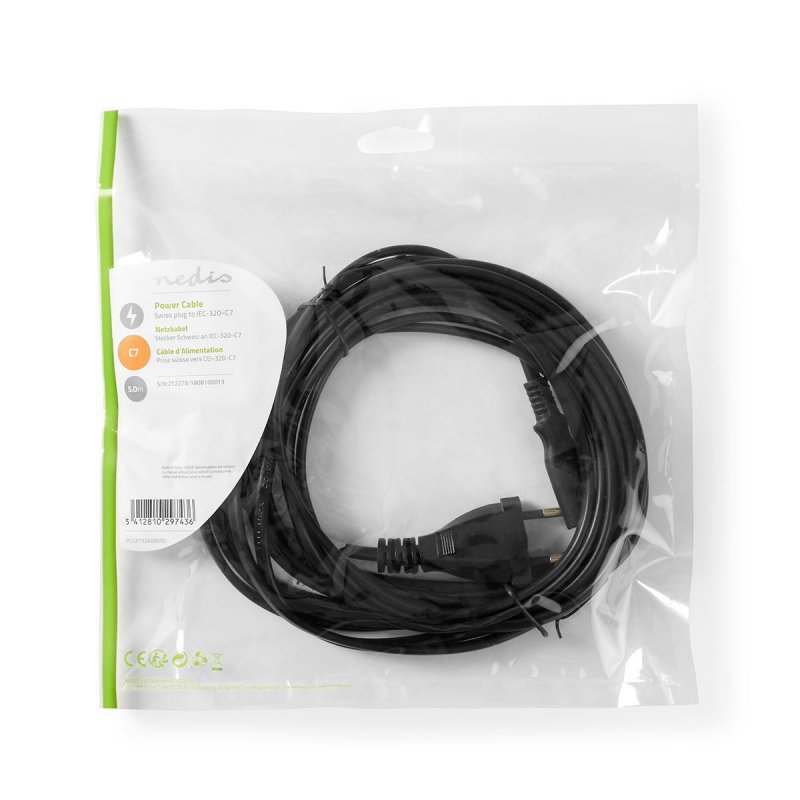 Napájecí kabel | CH Typ 12 | IEC-320-C7 | Přímý | Přímý | Poniklované | 5.00 m | 5.0 m | Plochý | PVC | Černá | Plastový Sáček - obrázek č. 3