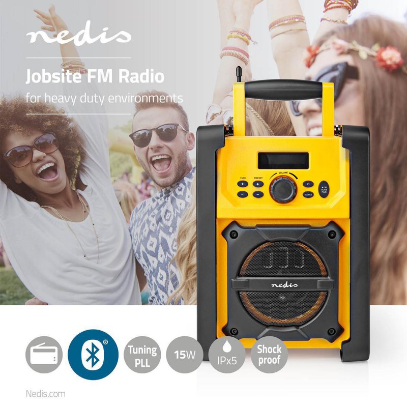 Nedis RDFM3100YW stavební FM rádio s Bluetooth®, vodotěsné IPX5, 15W - obrázek č. 1