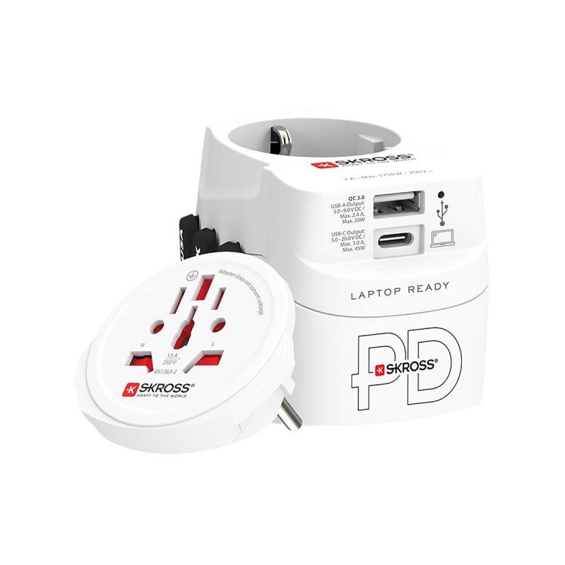 Cestovní adaptér 3pólový uzemněný s integrovanou rychlonabíjecí 45wattovou nabíječkou PD USB (1 x USB C a 1 x USB) SKR1302474 - obrázek produktu