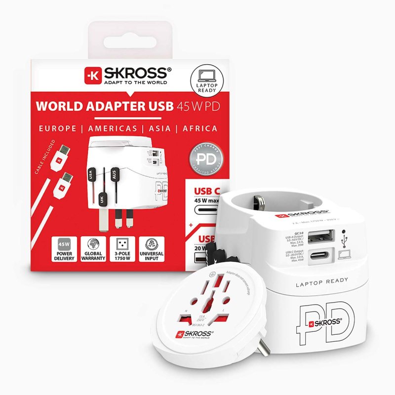 Cestovní adaptér 3pólový uzemněný s integrovanou rychlonabíjecí 45wattovou nabíječkou PD USB (1 x USB C a 1 x USB) SKR1302474 - obrázek č. 3