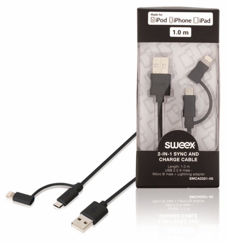 2 v 1 Synchronizační a Nabíjecí Kabel USB A Zástrčka - Micro B Zástrčka 1.00 m Černá - obrázek produktu