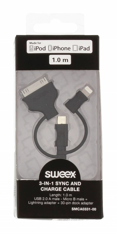 3 v 1 Synchronizační a Nabíjecí Kabel USB A Zástrčka - Micro B Zástrčka 1.00 m Černá - obrázek č. 4