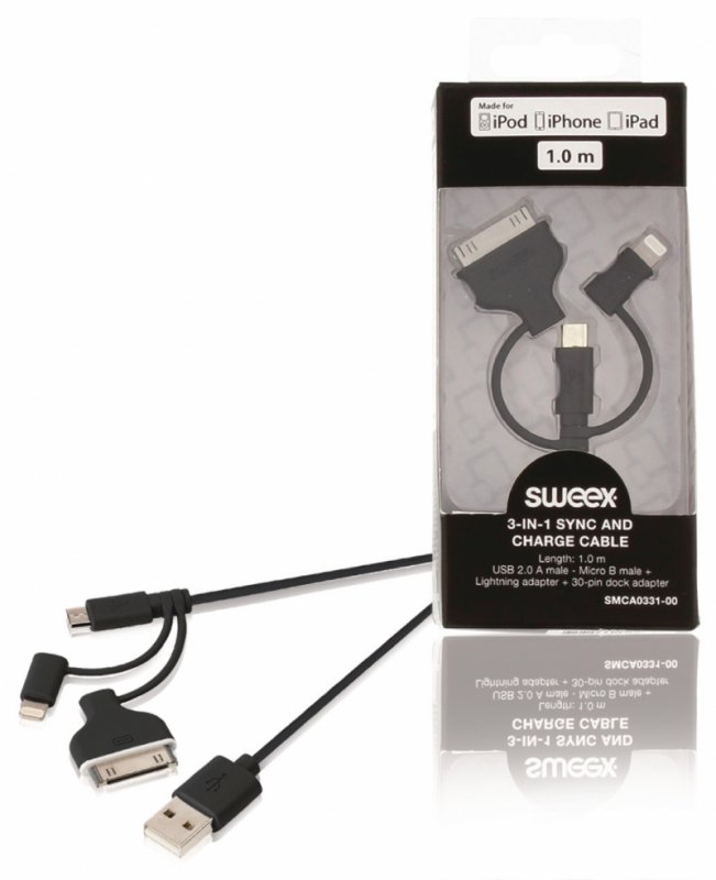 3 v 1 Synchronizační a Nabíjecí Kabel USB A Zástrčka - Micro B Zástrčka 1.00 m Černá - obrázek produktu
