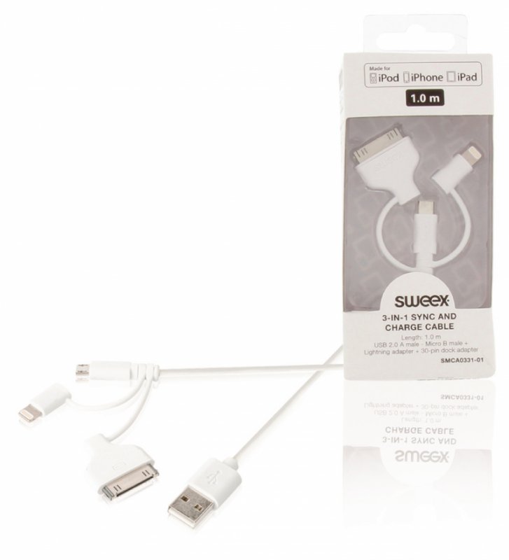 3 v 1 Synchronizační a Nabíjecí Kabel USB A Zástrčka - Micro B Zástrčka 1.00 m Bílá - obrázek produktu