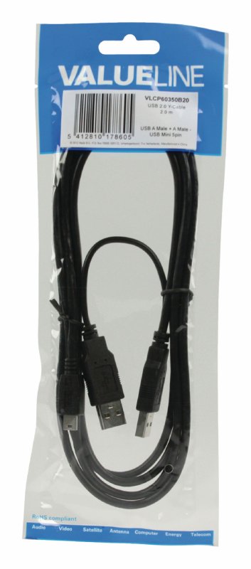 Kabel USB 2.0 2x A Zástrčka - Mini B Zástrčka Kulatý 2.00 m Černá - obrázek č. 2