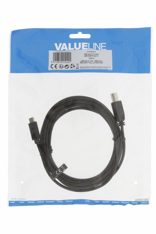 Kabel USB 2.0 USB-C Zástrčka - USB-B Male 3 m Černá - obrázek č. 2