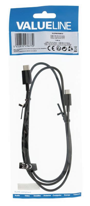 Kabel USB 2.0 USB-C Zástrčka - Micro B Zástrčka 1.00 m Černá - obrázek č. 2