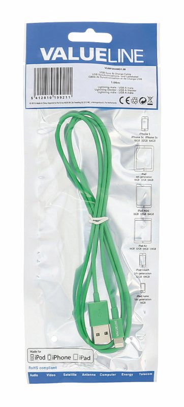 Synchronizační a Nabíjecí Kabel Apple Lightning - USB A Zástrčka 1.00 m Zelená - obrázek č. 2