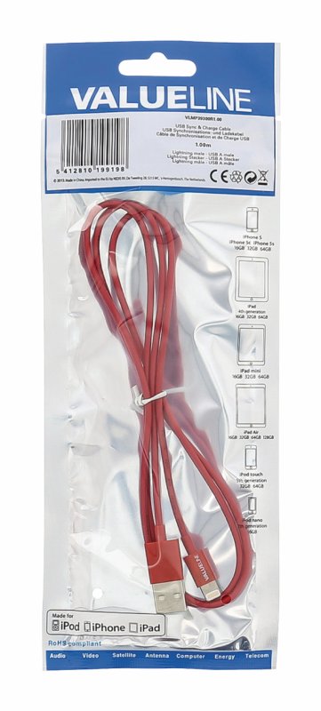 Synchronizační a Nabíjecí Kabel Apple Lightning - USB A Zástrčka 1.00 m Červená - obrázek č. 2