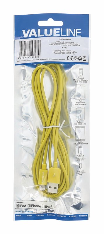 Synchronizační a Nabíjecí Kabel Apple Lightning - USB A Zástrčka 2.00 m Žlutá - obrázek č. 2