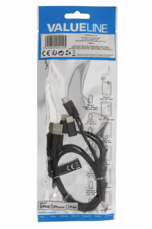 3 v 1 Synchronizační a Nabíjecí Kabel USB A Zástrčka - Micro B Zástrčka 1 m Černá Type-C Adaptér / Adaptér Lightning - obrázek č. 5