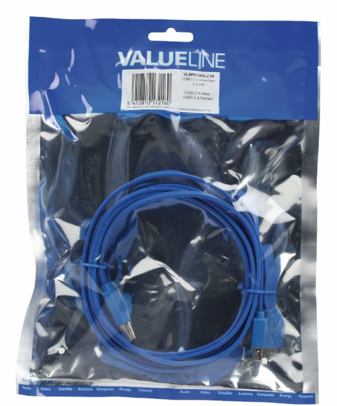 Prodlužovací Kabel USB 3.0 USB A Zástrčka - USB A Zásuvka Plochý 2.00 m Modrá - obrázek č. 2