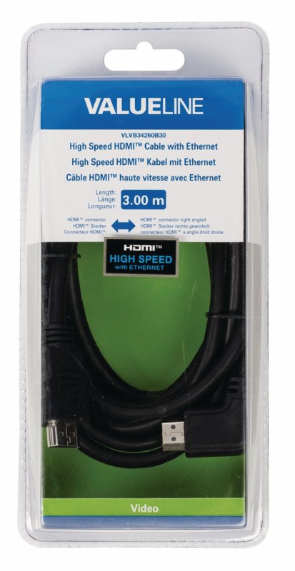 High Speed HDMI Kabel s Ethernetem HDMI Konektor - HDMI Konektor Úhlový, Pravý 3.00 m Černá - obrázek č. 1