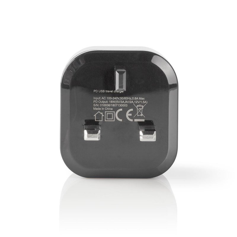 Nástěnná nabíječka | 3,0 A | USB-C | Power Delivery: 18 W | Černá barva | UK Zástrčka - obrázek č. 2
