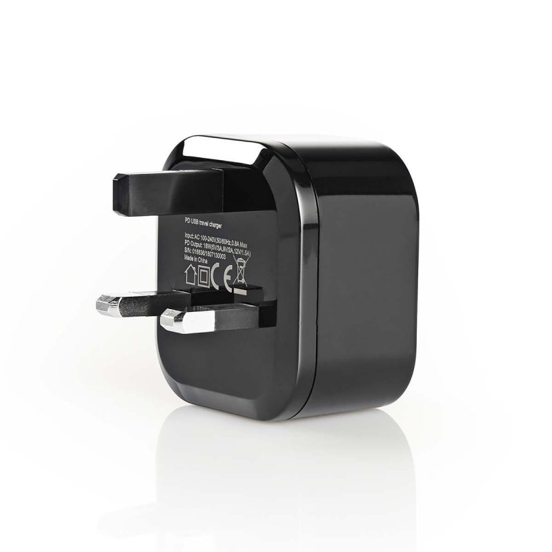 Nástěnná nabíječka | 3,0 A | USB-C | Power Delivery: 18 W | Černá barva | UK Zástrčka - obrázek č. 4