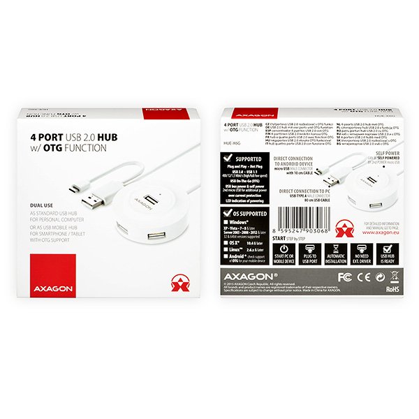 AXAGON 4x USB2.0 cable hub + micro USB OTG WHITE - obrázek č. 4