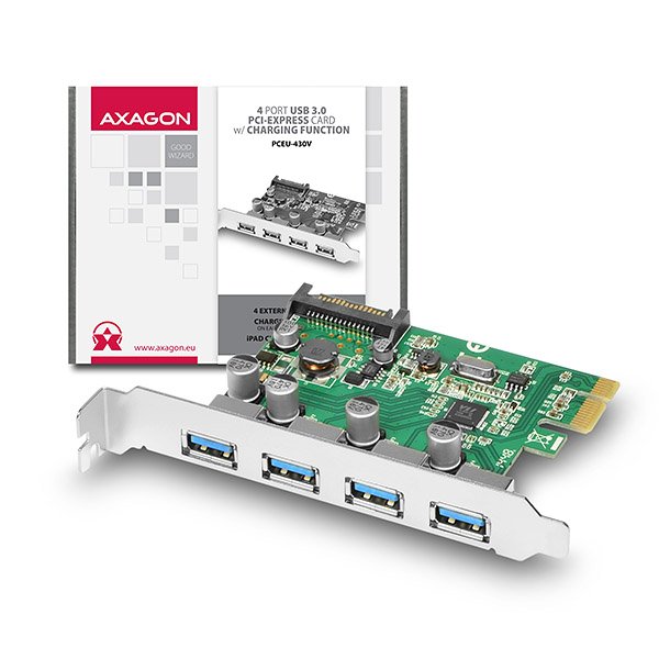 AXAGON PCEU-430V, PCIe adapter 4x USB3.0, UASP, nabíjení 3A, VIA - obrázek produktu