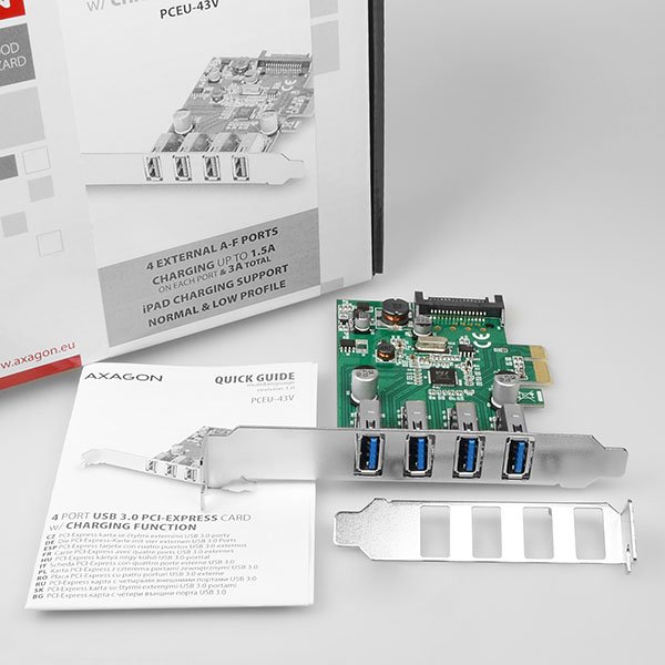 AXAGON PCEU-43V, PCIe adapter 4x USB3.0, UASP, nabíjení 3A, VIA + LP - obrázek č. 5