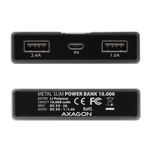 AXAGON PWB-L10, ALU SLIM Powerbanka Li-Pol 10000mAh, 2x 5V/ 2.4A+1A výstup, LCD displej - obrázek č. 9