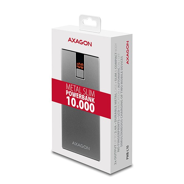 AXAGON PWB-L10, ALU SLIM Powerbanka Li-Pol 10000mAh, 2x 5V/ 2.4A+1A výstup, LCD displej - obrázek č. 3