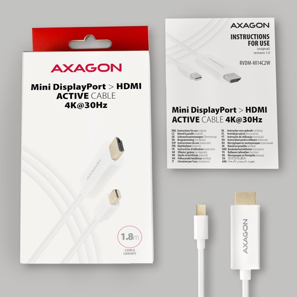 AXAGON RVDM-HI14C2W, Mini DisplayPort > HDMI 1.4 redukce /  kabel 1.8 m, 4K/ 30Hz, bílý - obrázek č. 4
