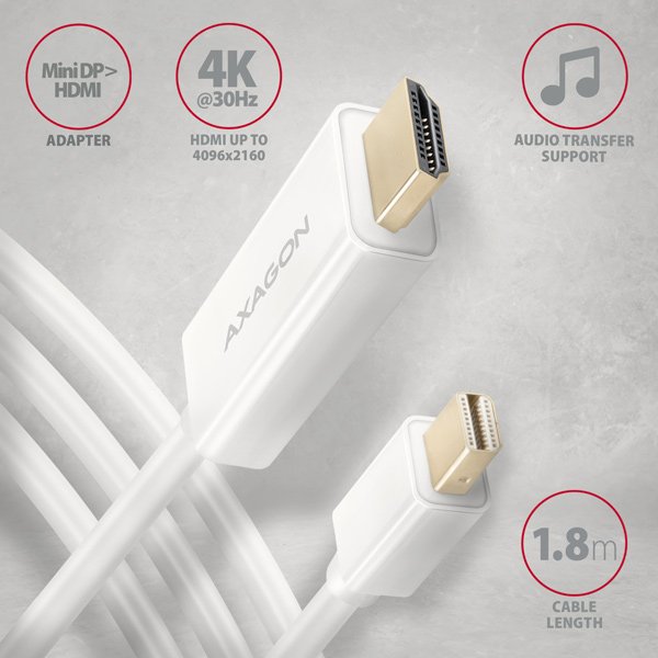 AXAGON RVDM-HI14C2W, Mini DisplayPort > HDMI 1.4 redukce /  kabel 1.8 m, 4K/ 30Hz, bílý - obrázek č. 1