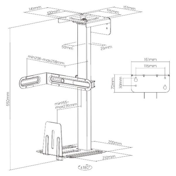 Držák na PC Brateck CPB-25 pod stolní desku výsuvný otočný - obrázek č. 6
