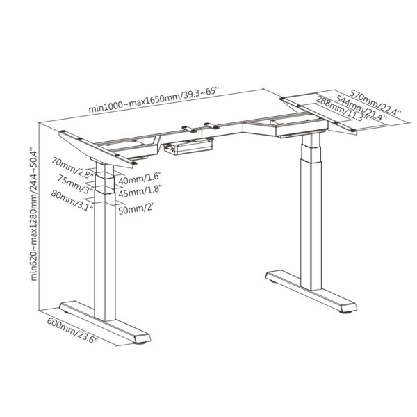 Výškově stavitelná stolová podnož Brateck M08-23DE 2 motory rozsah 620-1280 mm nosnost 100 kg - obrázek č. 3