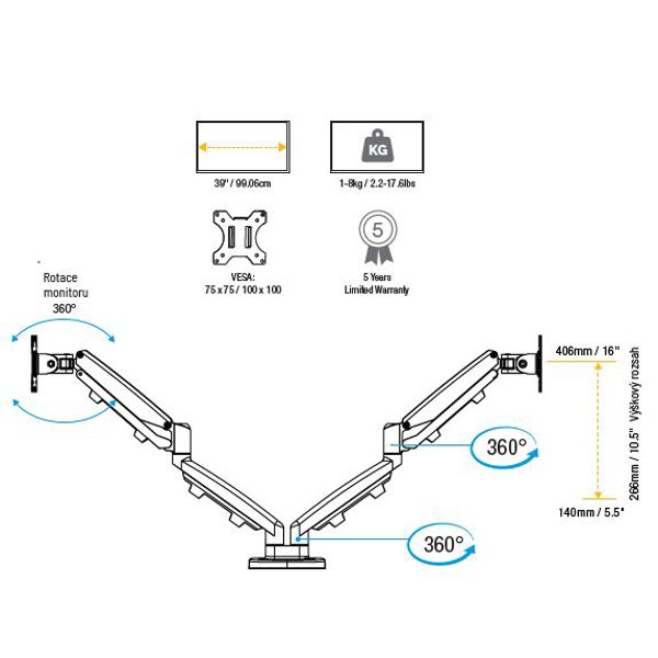 Držák monitoru Fellowes EPPA 2 ramena vedle sebe černý - obrázek č. 5