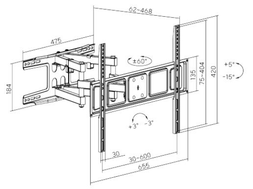 Výsuvný držák Brateck LPA63-466 pro TV 37"-80" 40kg polohovatelný nástěnný - obrázek č. 3