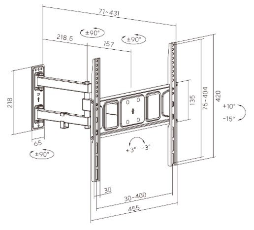 Výsuvný držák Brateck LPA63-443 pro TV 32"-55" 35kg polohovatelný nástěnný - obrázek č. 3