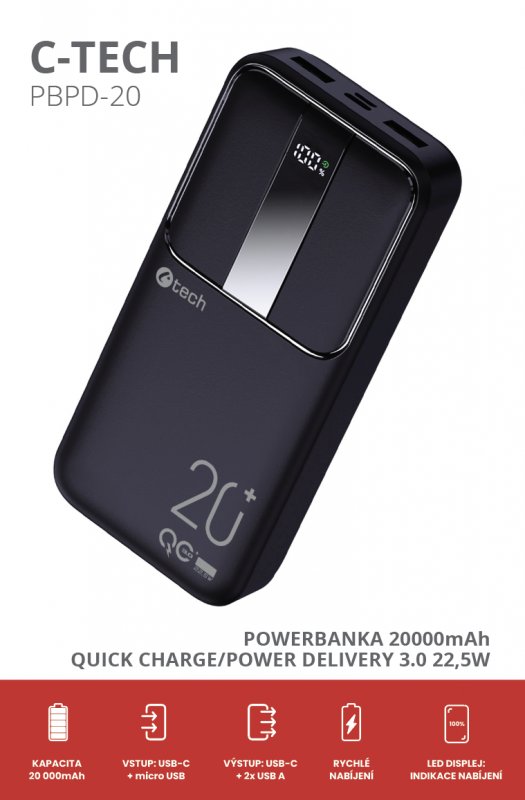 Powerbanka C-tech 20000mAh, Li-Pol, 22,5W, USB-C/ USB-A/ micro USB - obrázek č. 3