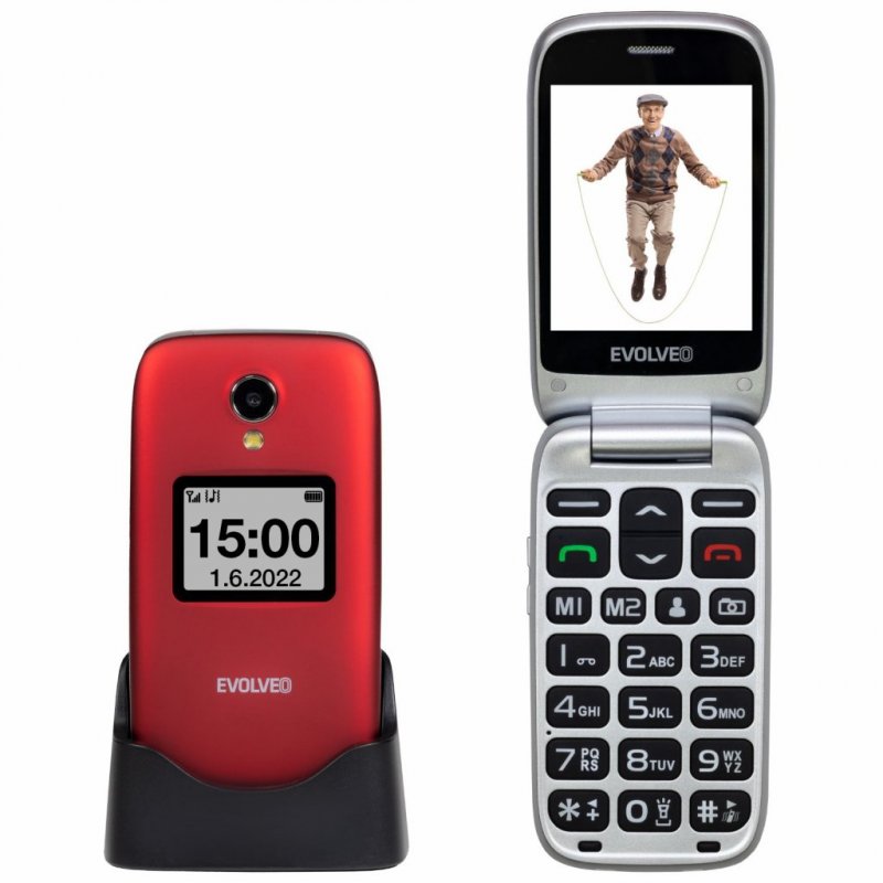 EVOLVEO EasyPhone FS, vyklápěcí mobilní telefon 2.8" pro seniory s nabíjecím stojánkem (červená barv - obrázek produktu