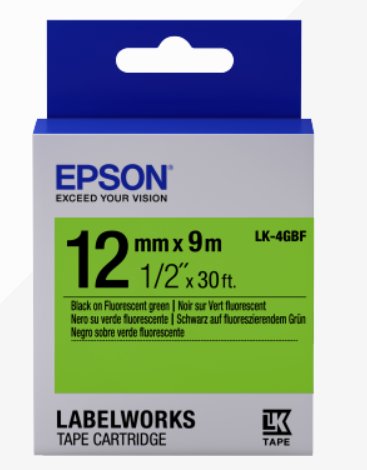 Epson Label Cartridge Fluorescent LK-4GBF Black/ Green 12mm (9m) - obrázek produktu