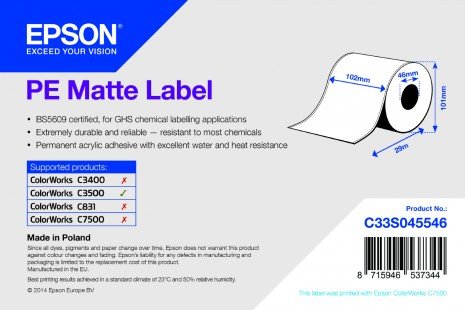 PE Matte Label - Continuous Roll: 102mm x 29m - obrázek produktu