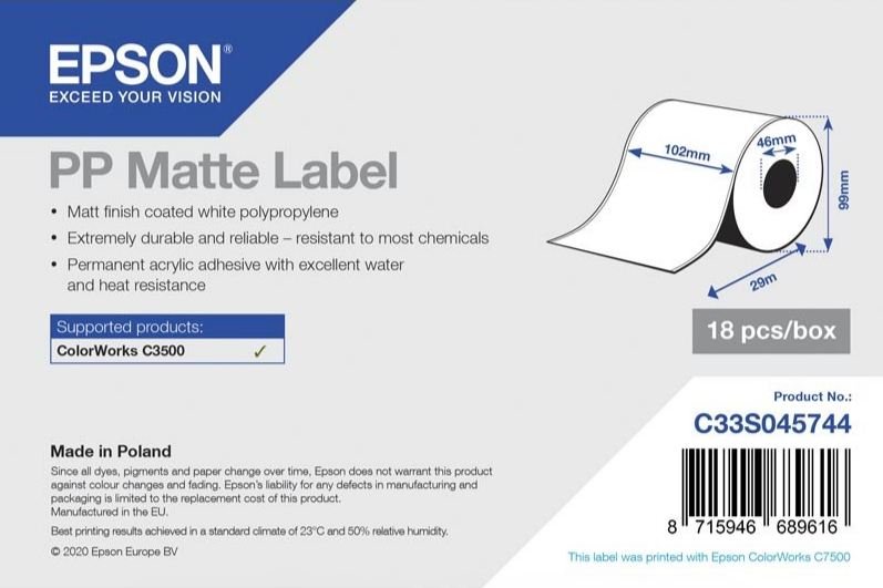 PP Matte Label - Continuous Roll: 102mm x 29m - obrázek produktu