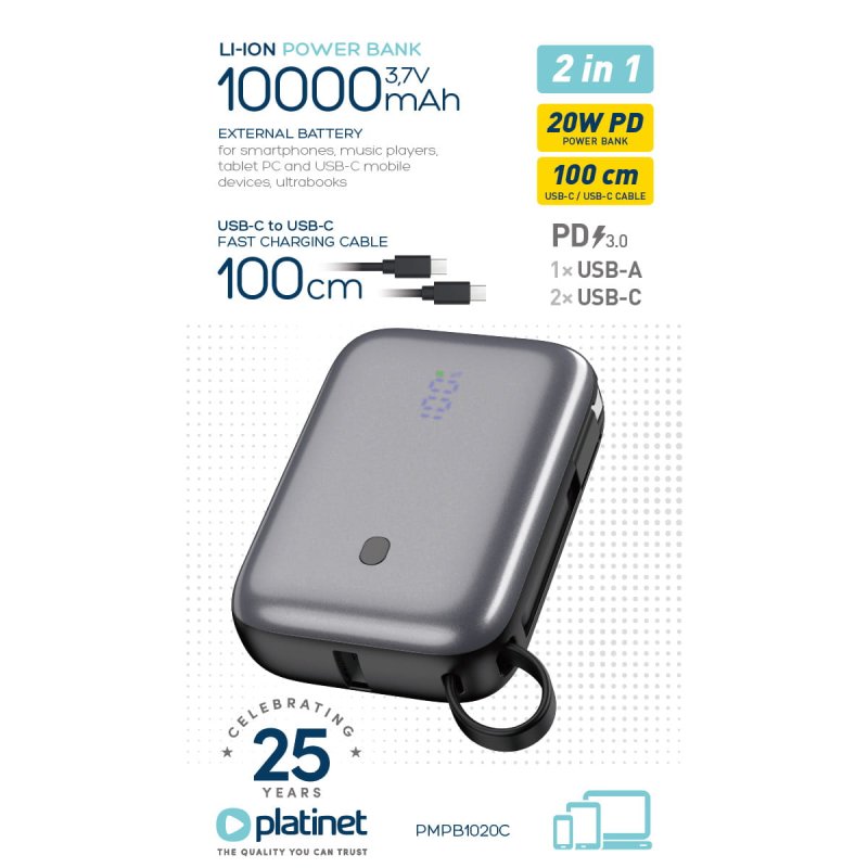 Platinet Powerbanka 10000 mAh 20W Power Delivery, 2xUSB-C, 1xUSB-A, kabel USB-C 1m, černá - obrázek č. 4