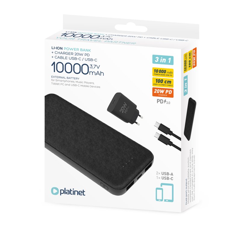 Platinet SET 3v1 Powerbanka 10000 mAh + Nabíječka 20W Power Delivery, kabel USB-C 1m, černá - obrázek č. 1