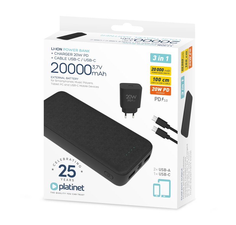 Platinet SET 3v1 Powerbanka 20000 mAh +  Nabíječka 20W Power Delivery, kabel USB-C 1m, černá - obrázek č. 5