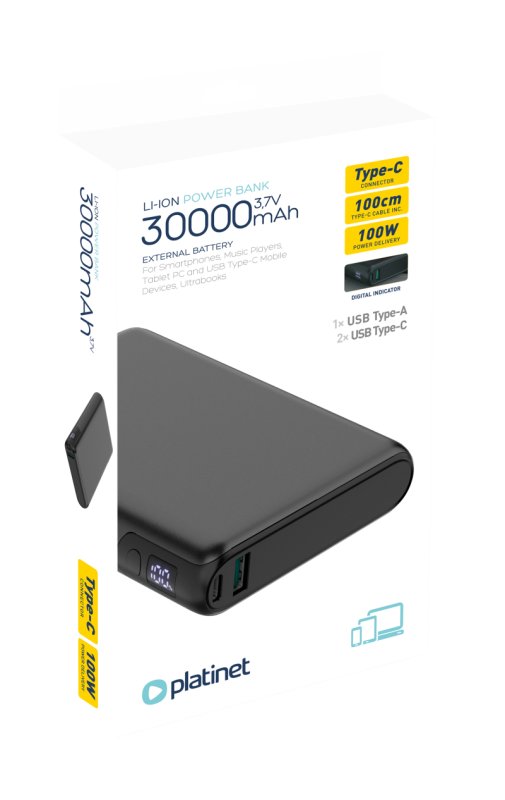 Platinet Powerbanka 30000 mAh 100W Power Delivery, 2xUSB-C, 1xUSB-A, černá - obrázek č. 2