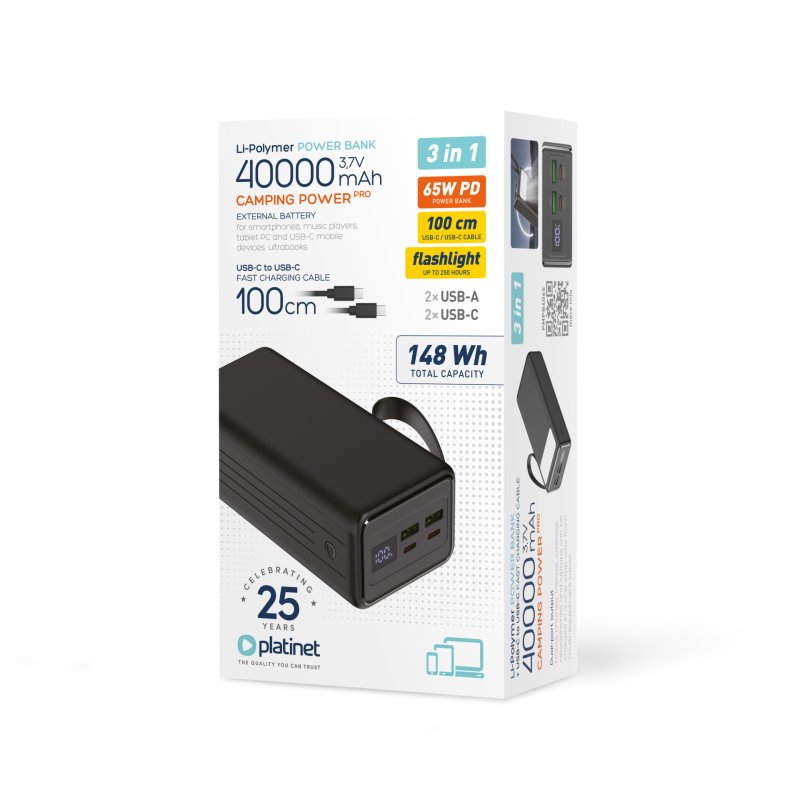 Platinet Powerbanka 40000 mAh 65W Power Delivery, 2xUSB-C, 2xUSB-A, kabel USB-C 1m, černá - obrázek č. 2