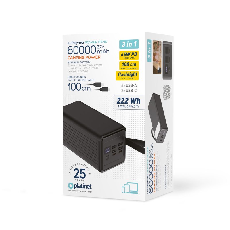 Platinet Powerbanka 60000 mAh 65W Power Delivery, 2xUSB-C, 2xUSB-A, kabel USB-C 1m, černá - obrázek č. 3