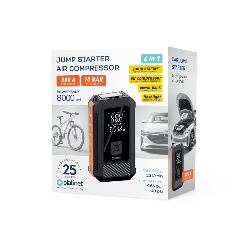 Platinet 4v1 Powerbanka 8000 mAh + Multifunkční startovací nabíječka 800A, kompresor 25 l / min 10 BAR - obrázek č. 2
