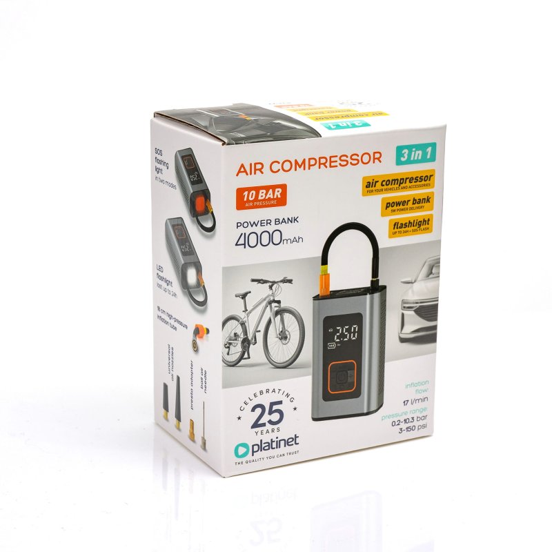 Platinet 3v1 Powerbanka 4000 mAh, digitální kapesní kompresor 10 BAR, LED svítilna, stříbrná - obrázek č. 6